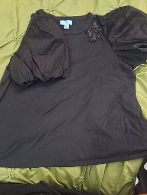 CeCe Black Puff Sleeve Embellished Top